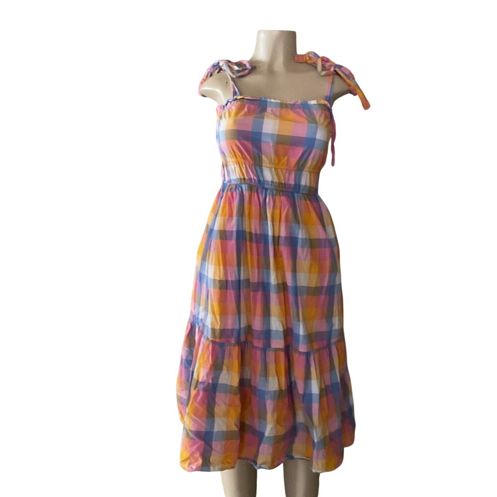 Free Assembly Plaid  Midi Dress Women’s Size S Pink Blue Yellow Cottagecore